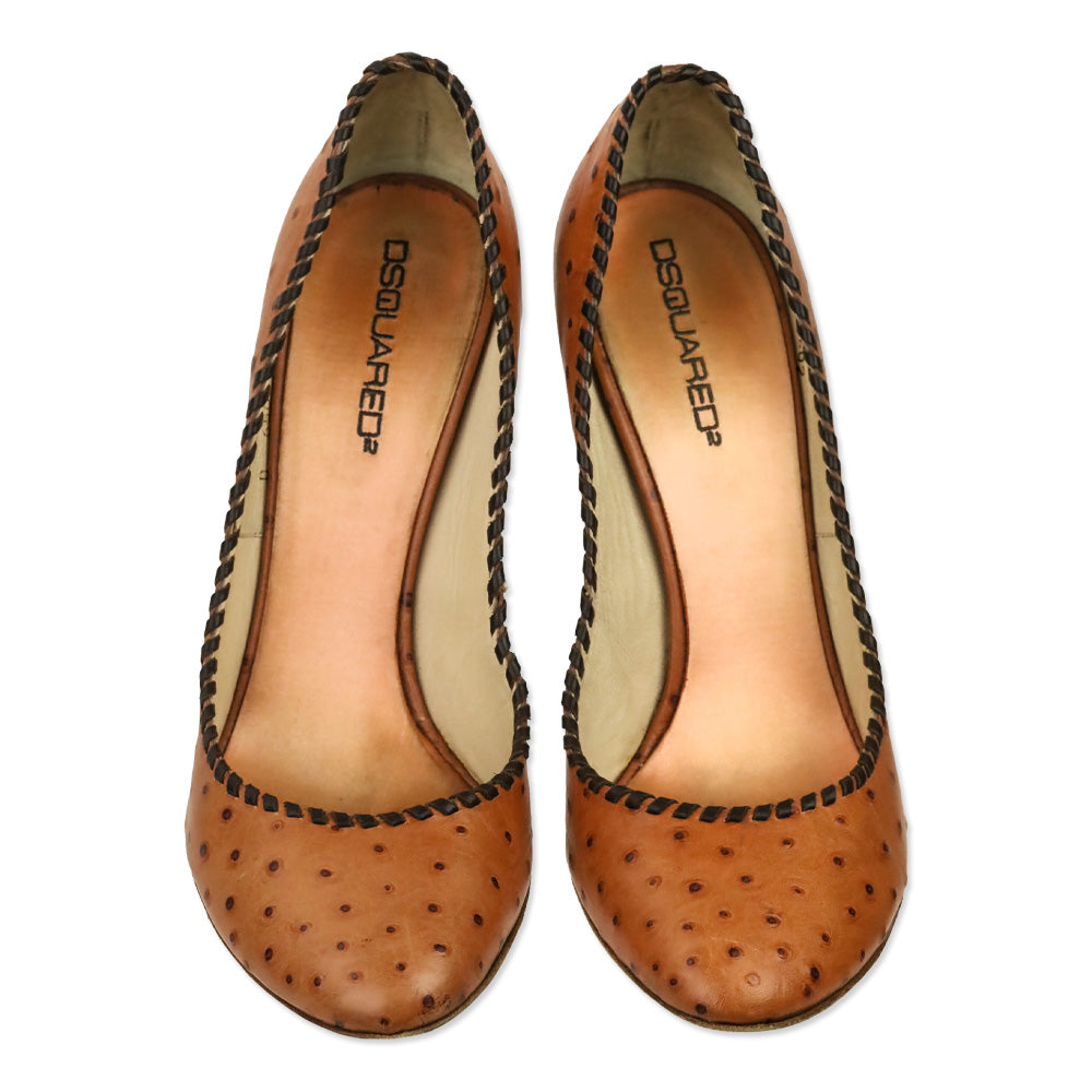 Dsquared2 Brown Ostrich Leather Whipstitch Trim Pump