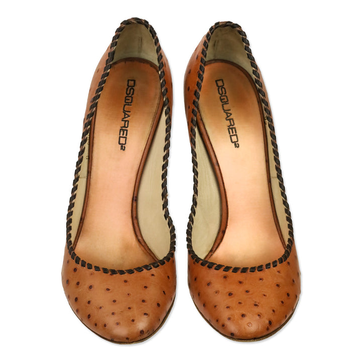 Dsquared2 Brown Ostrich Leather Whipstitch Trim Pump
