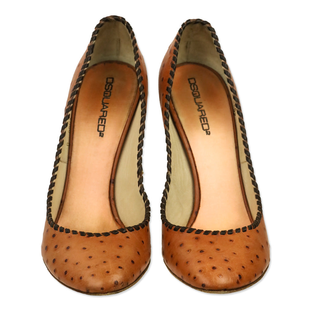 Dsquared2 Brown Ostrich Leather Whipstitch Trim Pump