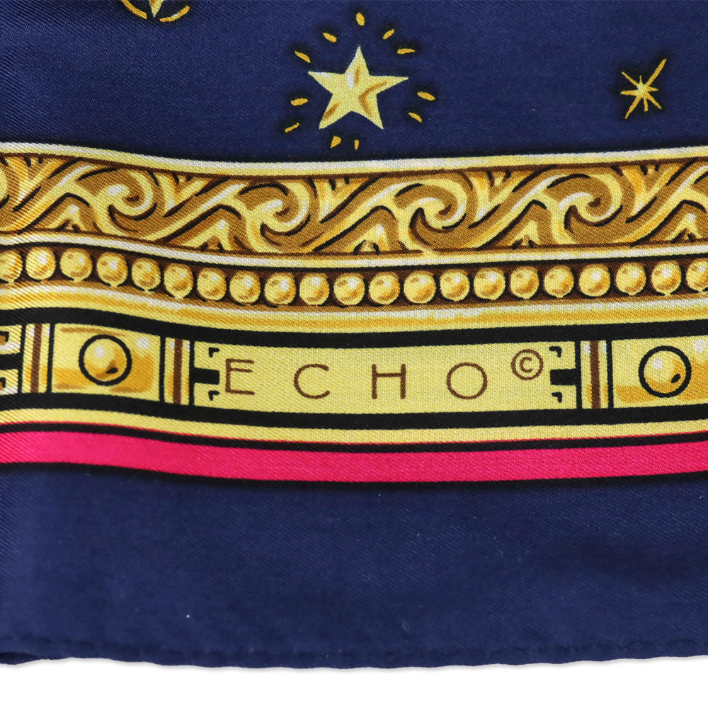 Echo Navy Multicolor Sun Celestial Zodiac Motif Silk Scarf