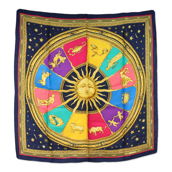 Echo Navy Multicolor Sun Celestial Zodiac Motif Silk Scarf