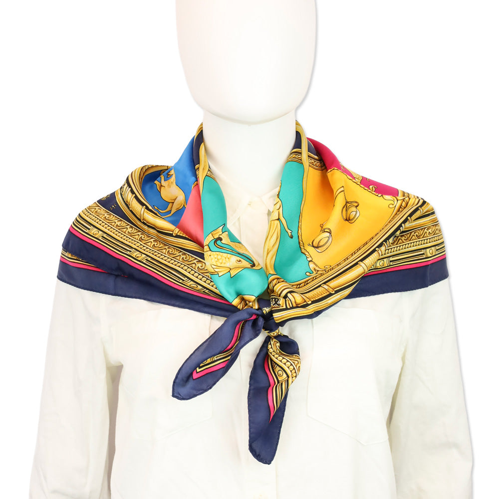 Echo Navy Multicolor Sun Celestial Zodiac Motif Silk Scarf
