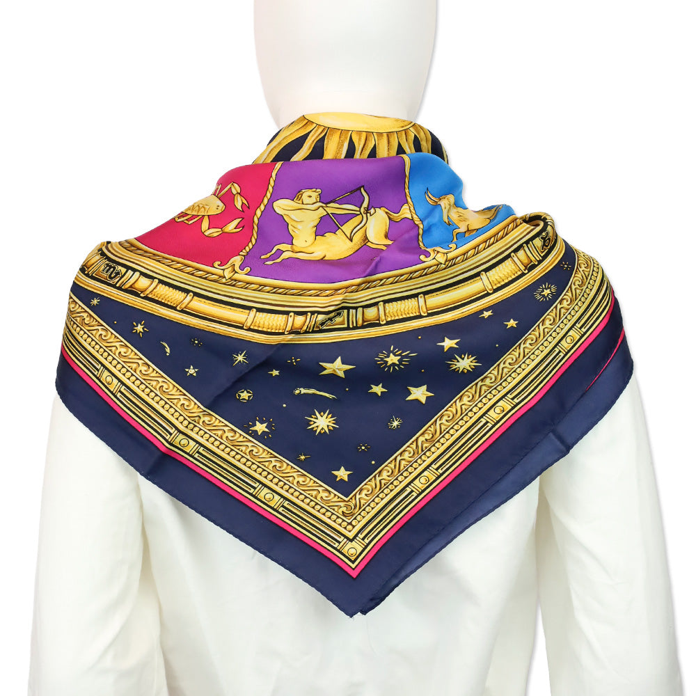 Echo Navy Multicolor Sun Celestial Zodiac Motif Silk Scarf