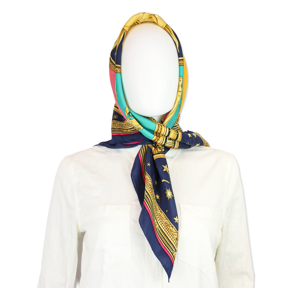 Echo Navy Multicolor Sun Celestial Zodiac Motif Silk Scarf