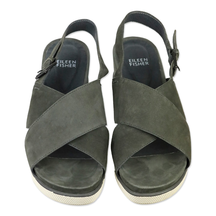 Eileen Fisher Gray Nubuck Good Criss Cross Wedge Sandals