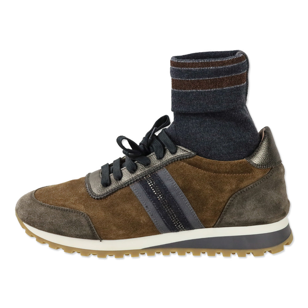 Eleventy Mixed-Media Brown/Taupe Suede Sock Low-Top Sneakers