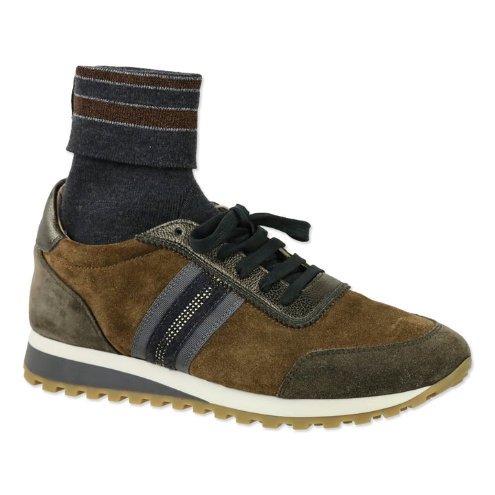 Eleventy Mixed-Media Brown/Taupe Suede Sock Low-Top Sneakers