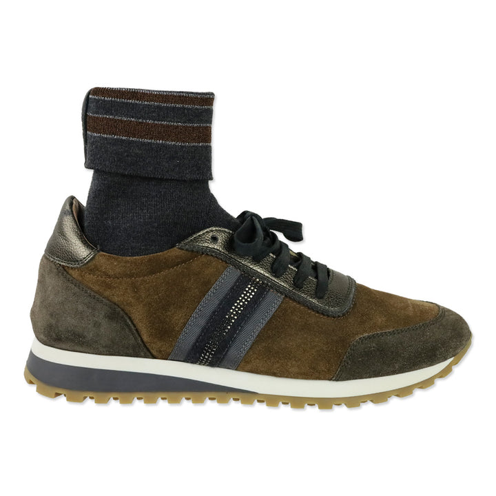 Eleventy Mixed-Media Brown/Taupe Suede Sock Low-Top Sneakers
