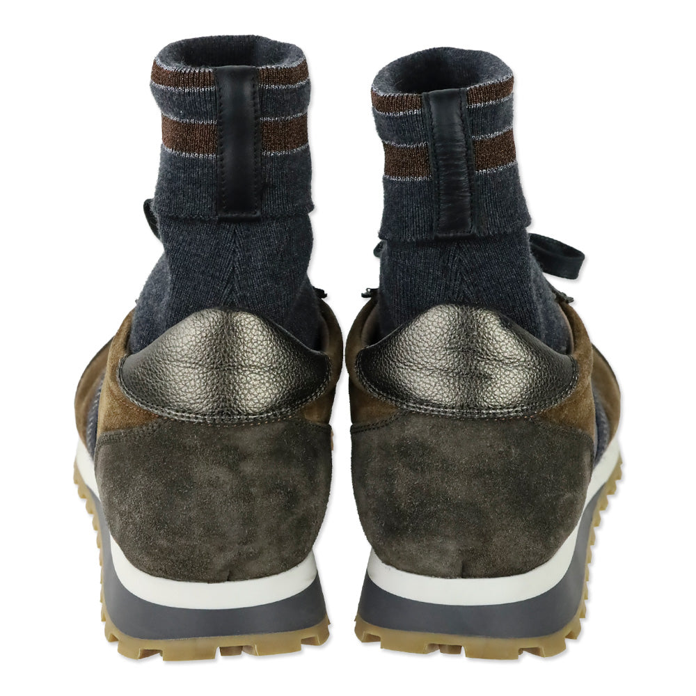Eleventy Mixed-Media Brown/Taupe Suede Sock Low-Top Sneakers
