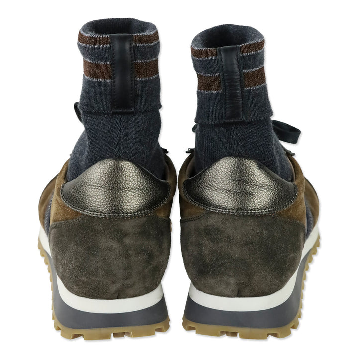 Eleventy Mixed-Media Brown/Taupe Suede Sock Low-Top Sneakers