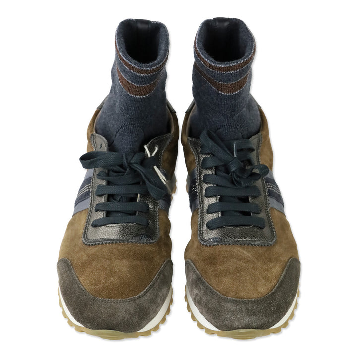 Eleventy Mixed-Media Brown/Taupe Suede Sock Low-Top Sneakers