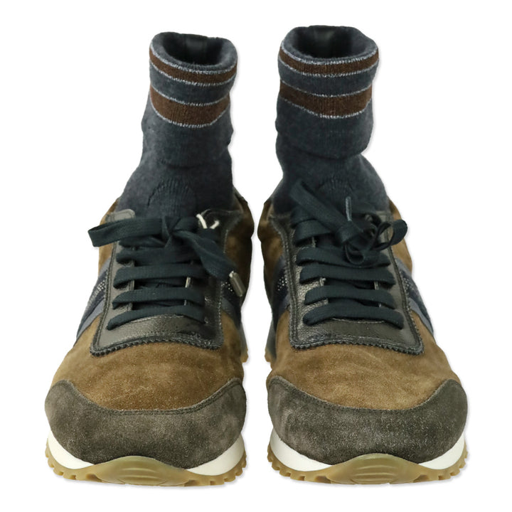Eleventy Mixed-Media Brown/Taupe Suede Sock Low-Top Sneakers