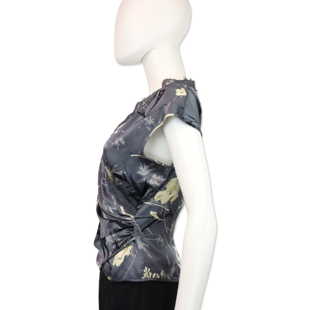 Emanuel Ungaro Grey Floral Print Silk Lace V-Neck Top