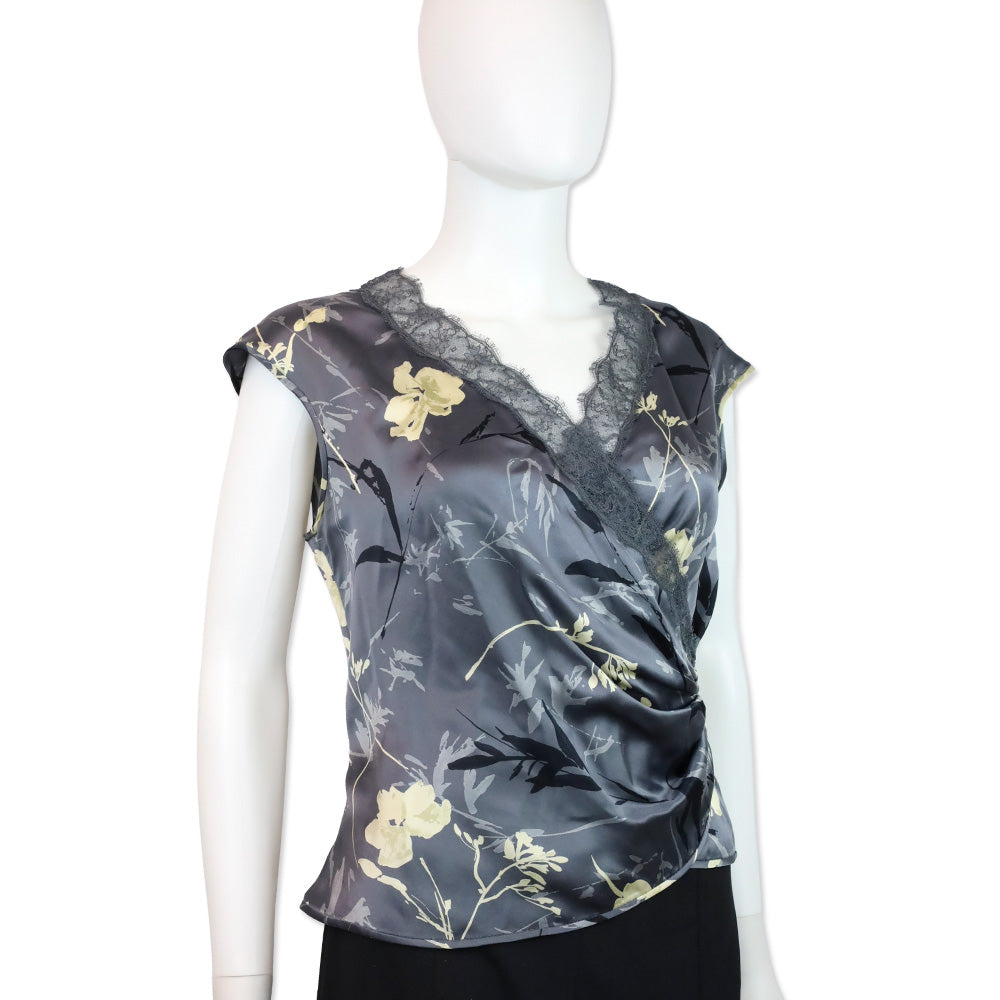 Emanuel Ungaro Grey Floral Print Silk Lace V-Neck Top