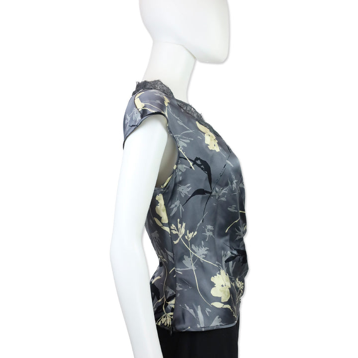 Emanuel Ungaro Grey Floral Print Silk Lace V-Neck Top