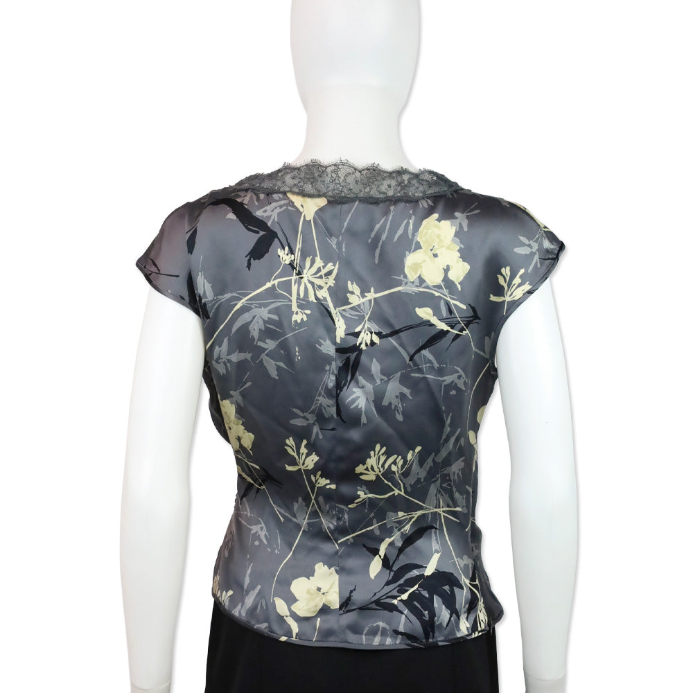 Emanuel Ungaro Grey Floral Print Silk Lace V-Neck Top