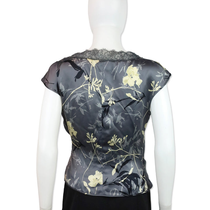 Emanuel Ungaro Grey Floral Print Silk Lace V-Neck Top