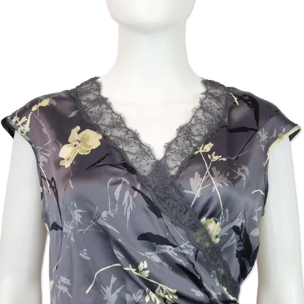 Emanuel Ungaro Grey Floral Print Silk Lace V-Neck Top