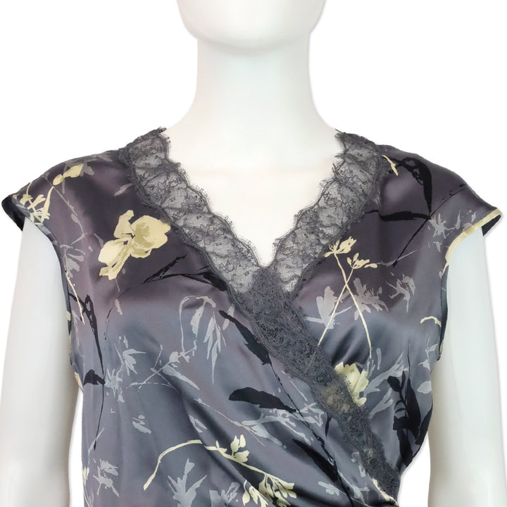 Emanuel Ungaro Grey Floral Print Silk Lace V-Neck Top