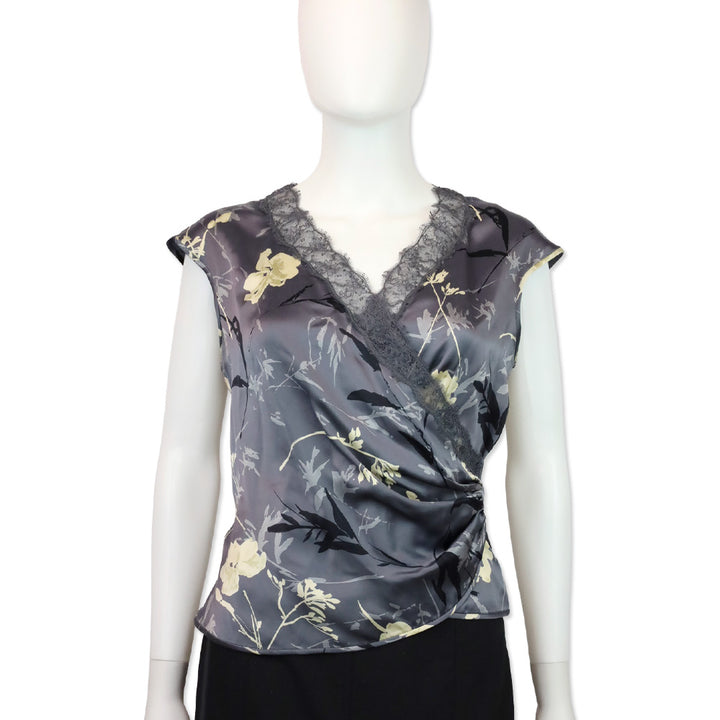 Emanuel Ungaro Grey Floral Print Silk Lace V-Neck Top