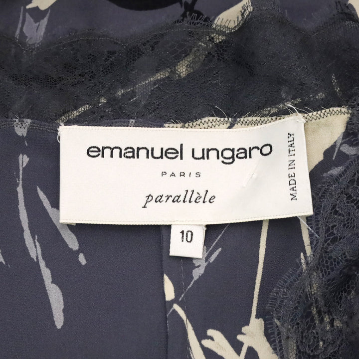 Emanuel Ungaro Grey Floral Print Silk Lace V-Neck Top