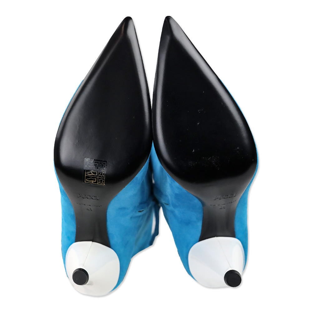 Emilio Pucci Blue Suede Pointed Cap Toe Mid-Calf Booties