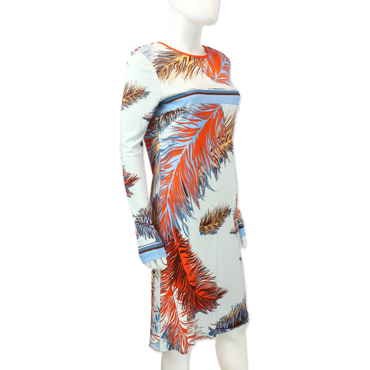 Emilio Pucci Blue/Orange Feather Print Long Sleeve Midi Dress