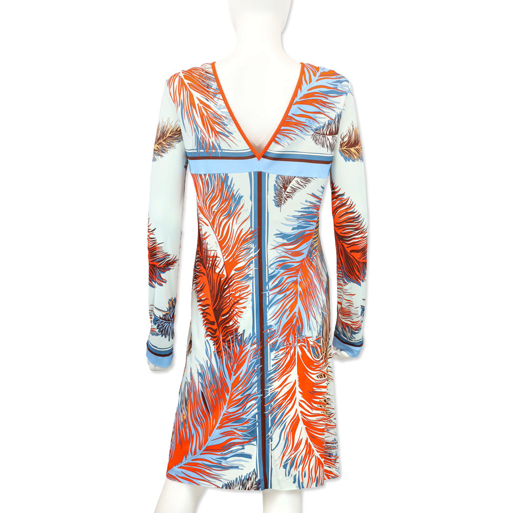 Emilio Pucci Blue/Orange Feather Print Long Sleeve Midi Dress