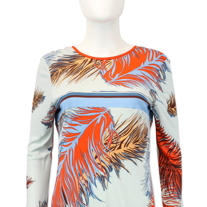 Emilio Pucci Blue/Orange Feather Print Long Sleeve Midi Dress