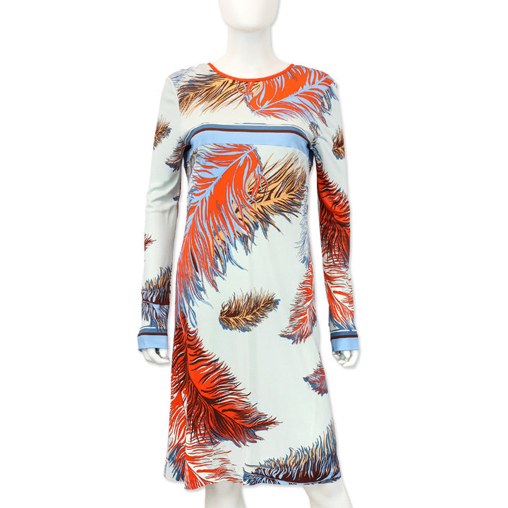 Emilio Pucci Blue/Orange Feather Print Long Sleeve Midi Dress
