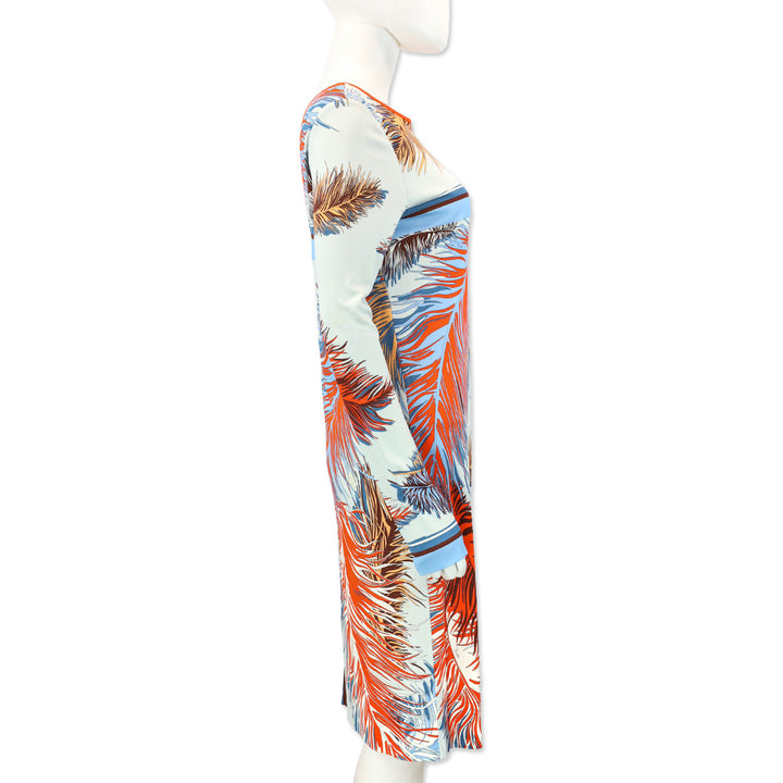Emilio Pucci Blue/Orange Feather Print Long Sleeve Midi Dress