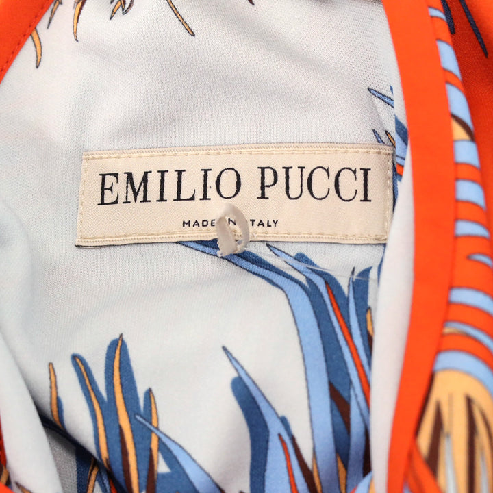 Emilio Pucci Blue/Orange Feather Print Long Sleeve Midi Dress