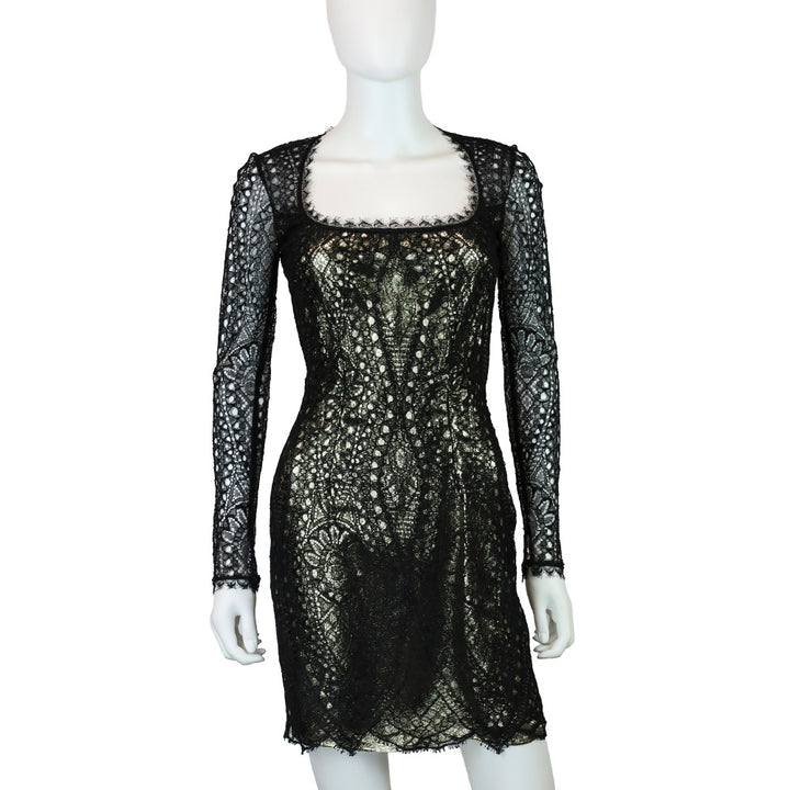 Emilio Pucci Metallic Gold & Black Lace Long Sleeve Midi Dress | DBLTKE Luxury Consignment Boutique Emilio Pucci Metallic Gold & Black Lace Long Sleeve Midi Dress | DBLTKE Luxury Consignment Boutique