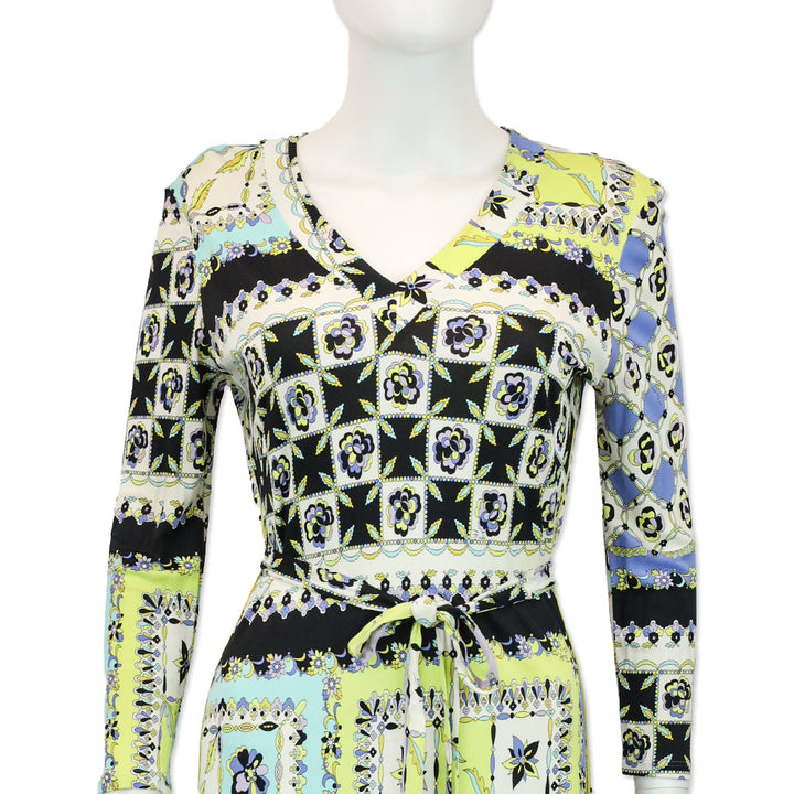 Emilio Pucci Multicolor Op Art Print Long-Sleeve V-Neck Jersey Dress