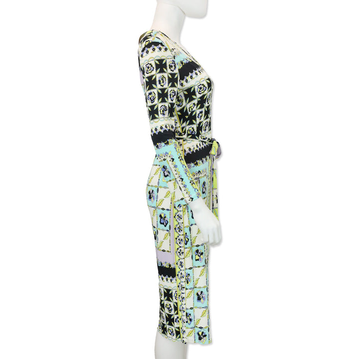 Emilio Pucci Multicolor Op Art Print Long-Sleeve V-Neck Jersey Dress