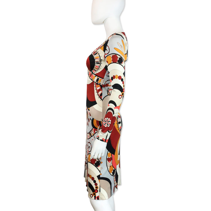 Emilio Pucci Orange Multicolor Kaleidoscope Print Silk L/S V-Neck Dress