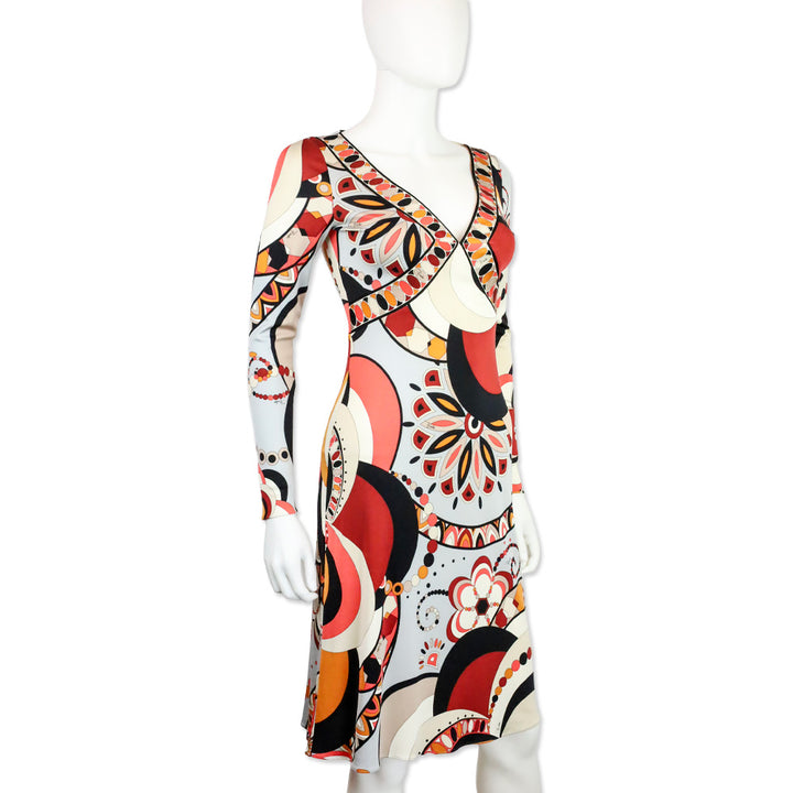 Emilio Pucci Orange Multicolor Kaleidoscope Print Silk L/S V-Neck Dress