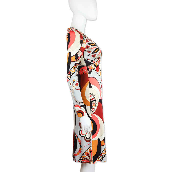 Emilio Pucci Orange Multicolor Kaleidoscope Print Silk L/S V-Neck Dress