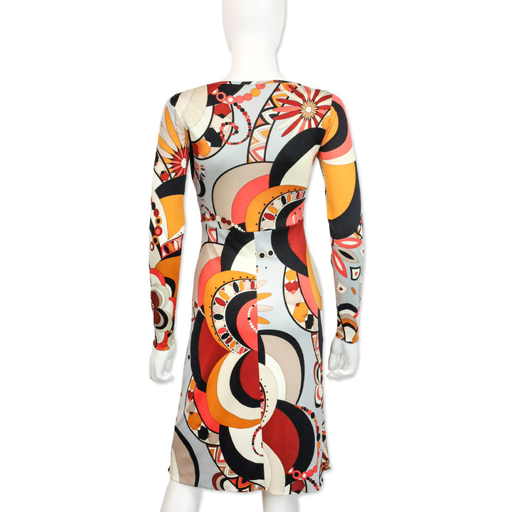 Emilio Pucci Orange Multicolor Kaleidoscope Print Silk L/S V-Neck Dress