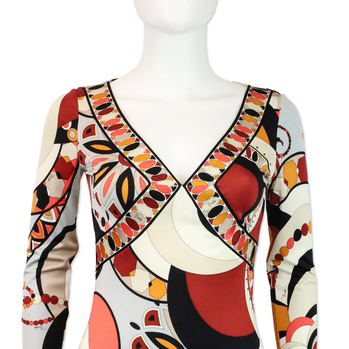 Emilio Pucci Orange Multicolor Kaleidoscope Print Silk L/S V-Neck Dress