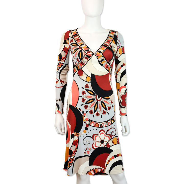 Emilio Pucci Orange Multicolor Kaleidoscope Print Silk L/S V-Neck Dress