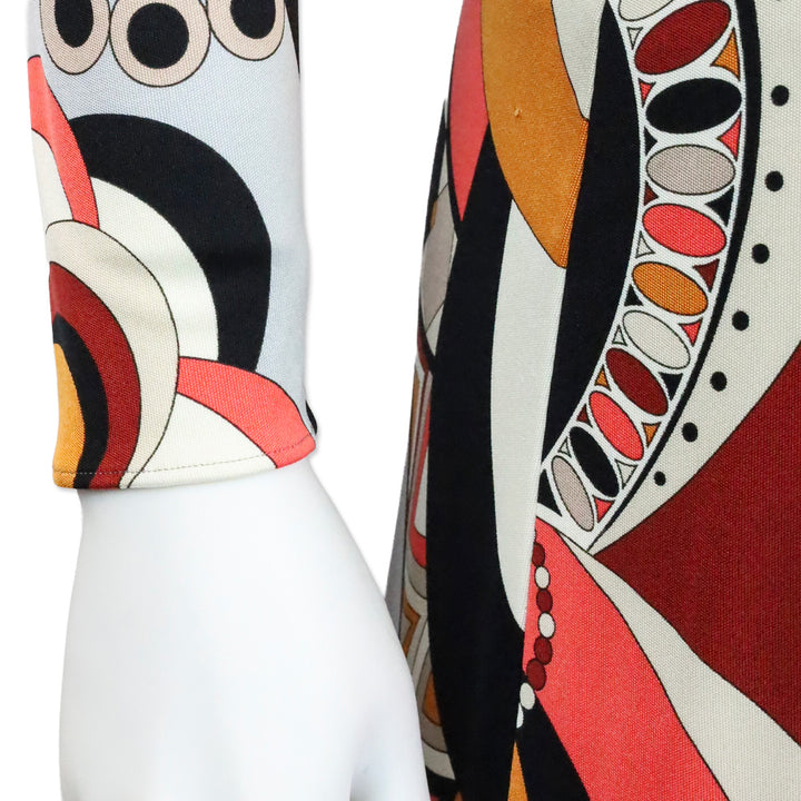 Emilio Pucci Orange Multicolor Kaleidoscope Print Silk L/S V-Neck Dress