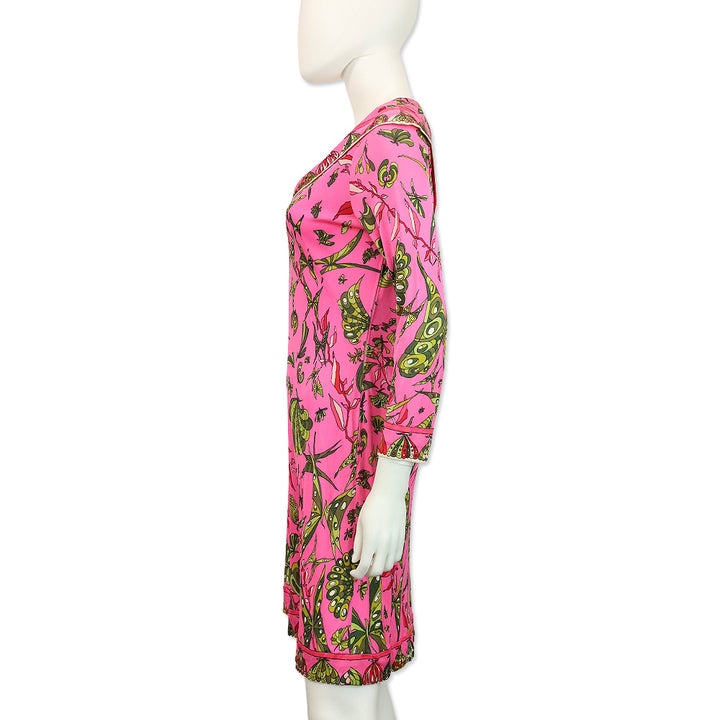 Emilio Pucci Pink & Green Butterfly Print V-Neck L/S Midi Dress