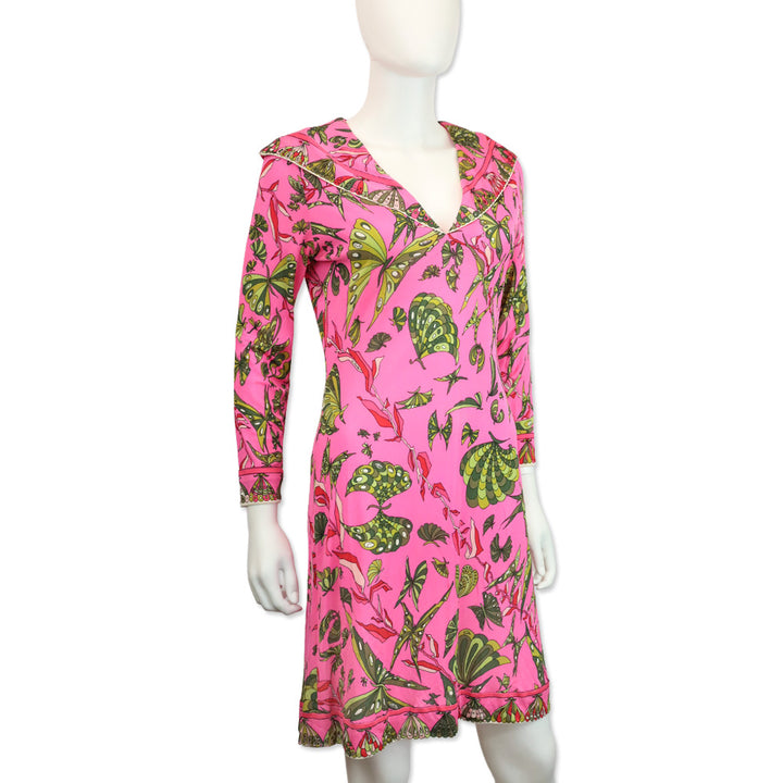 Emilio Pucci Pink & Green Butterfly Print V-Neck L/S Midi Dress