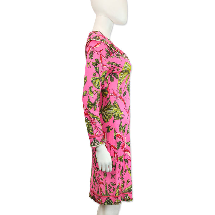 Emilio Pucci Pink & Green Butterfly Print V-Neck L/S Midi Dress
