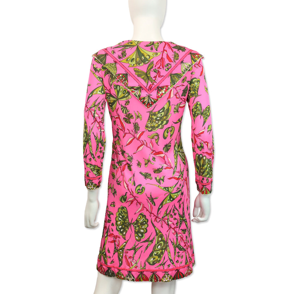 Emilio Pucci Pink & Green Butterfly Print V-Neck L/S Midi Dress