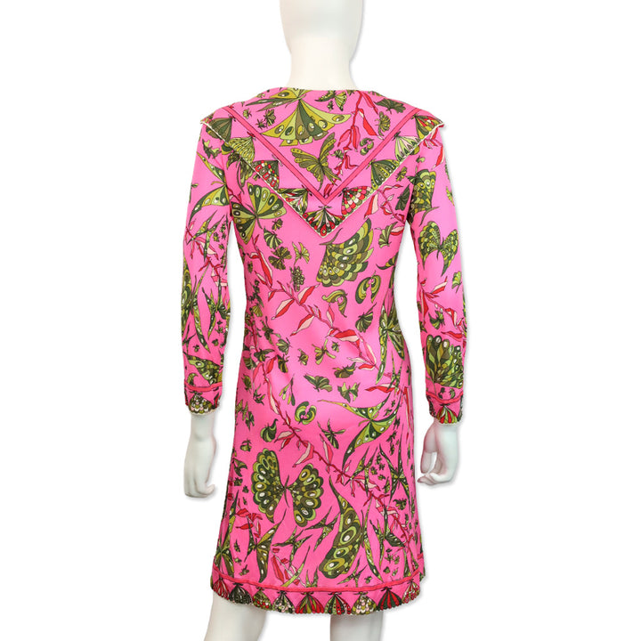 Emilio Pucci Pink & Green Butterfly Print V-Neck L/S Midi Dress