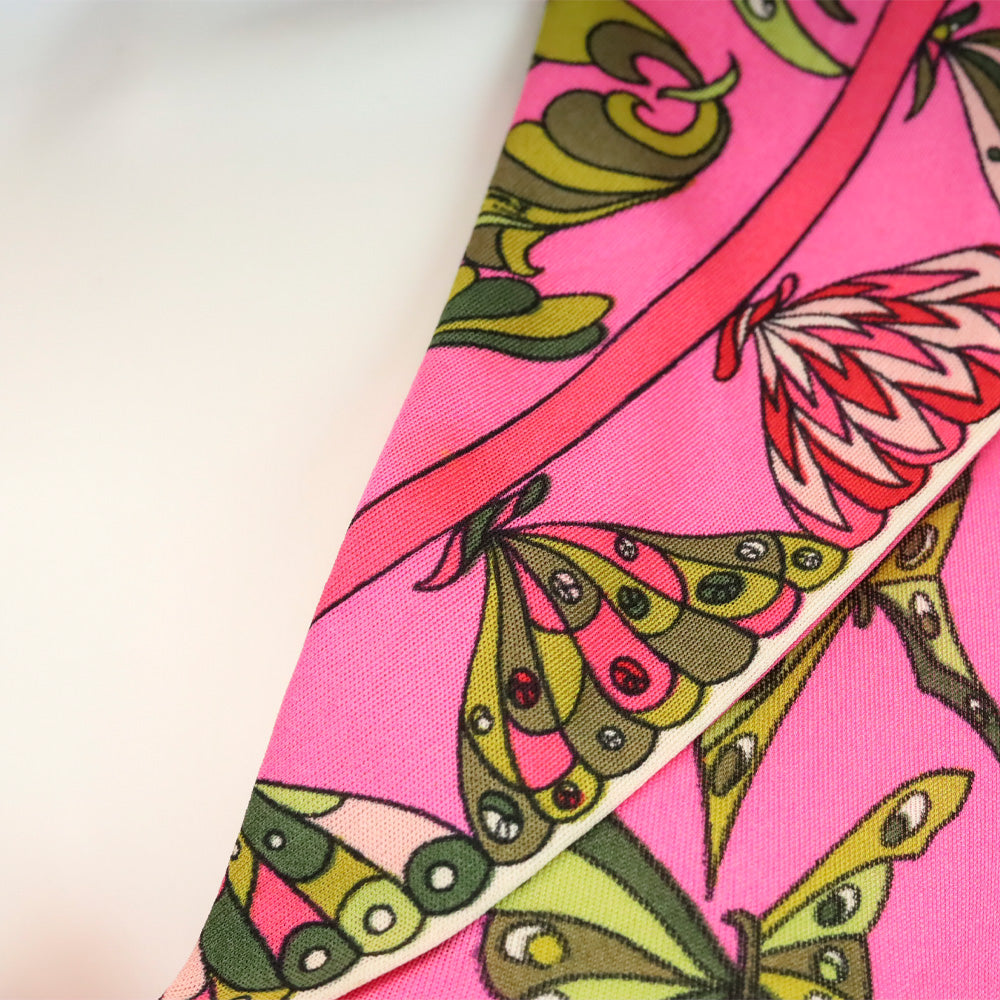 Emilio Pucci Pink & Green Butterfly Print V-Neck L/S Midi Dress