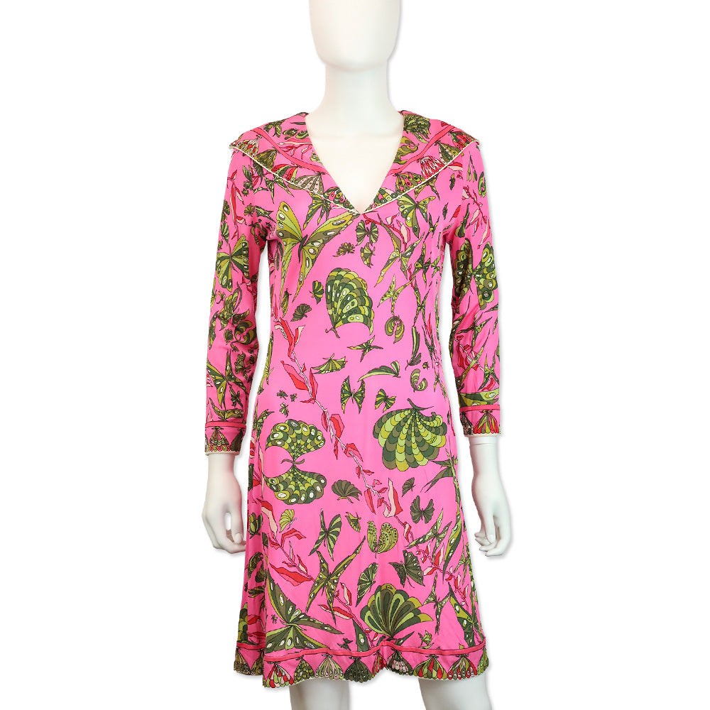 Emilio Pucci Pink & Green Butterfly Print V-Neck L/S Midi Dress