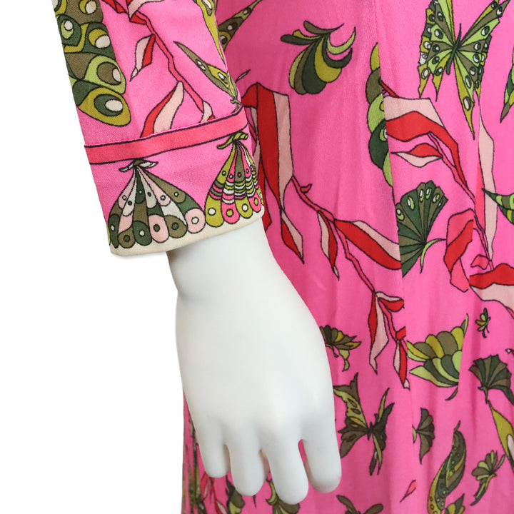 Emilio Pucci Pink & Green Butterfly Print V-Neck L/S Midi Dress